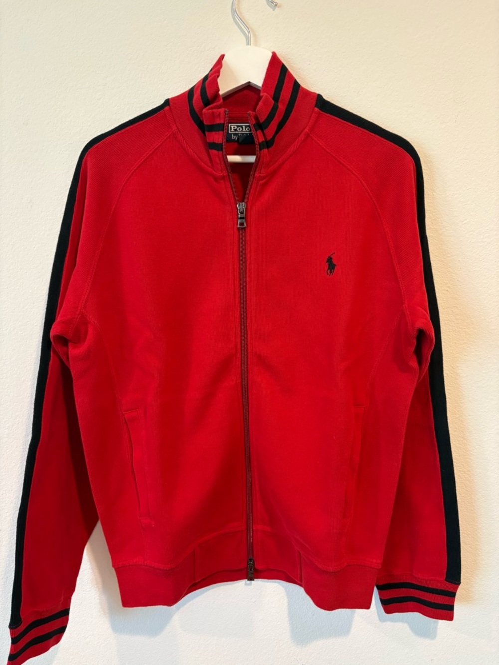 Ralph Lauren Red Zip-Front Sweater with Black Stripes